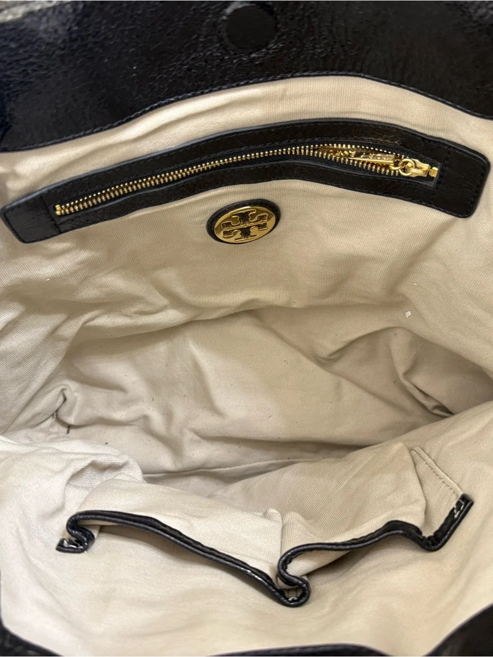 Tory Burch Black Leather Tote with Gray Trim and Logo